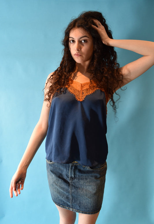 Vintage Y2K Size S/M Satin Cami Top with Lace in Blue and Orange.