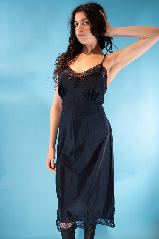 Vintage Size L Slip Dress with Lace in Midnight Blue.