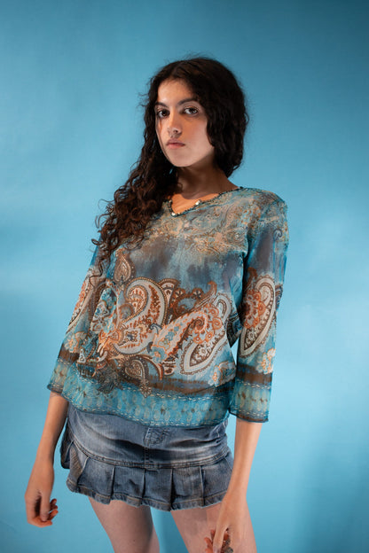 Vintage Y2K Size M Semi Sheer Paisley Printed Top in Blue and Multi Colour.