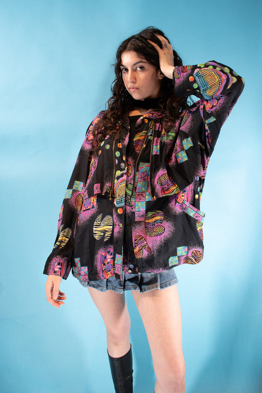 Vintage 1980s Size L Abstract Mixed Print Bomber Jacket in Black and Multi.
