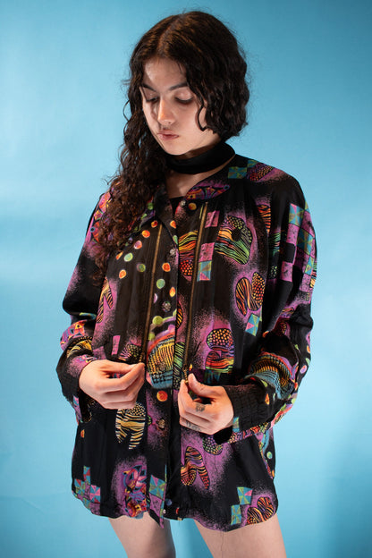 Vintage 1980s Size L Abstract Mixed Print Bomber Jacket in Black and Multi.