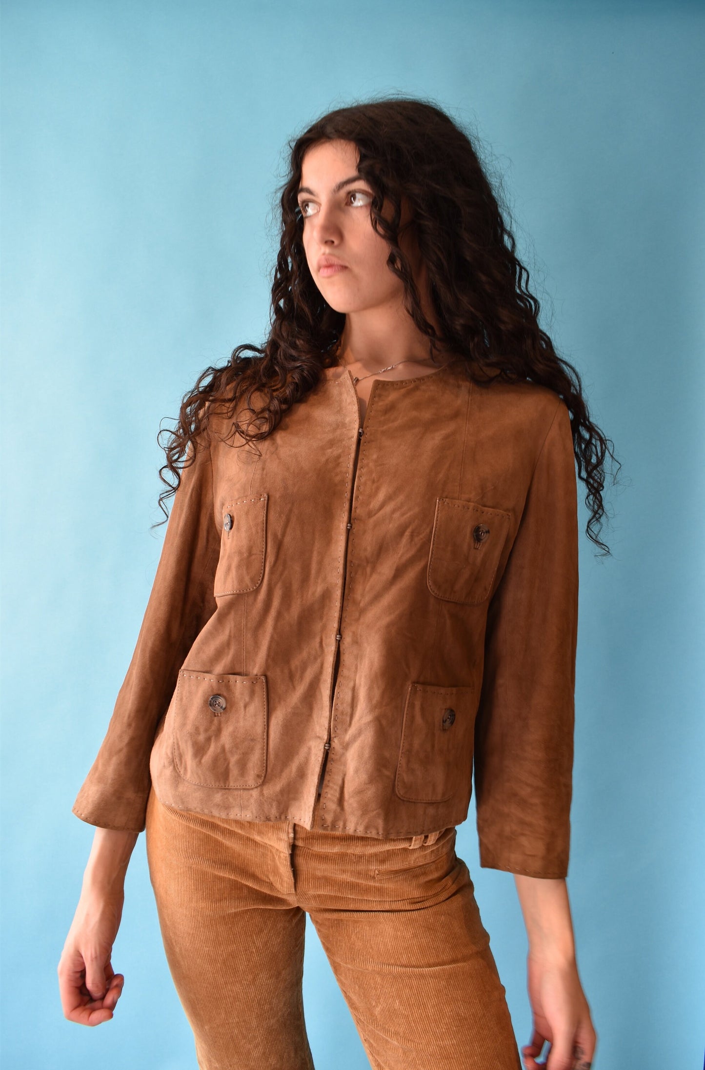 Vintage 1990s Size M Suede Boxy Jacket in Tan.
