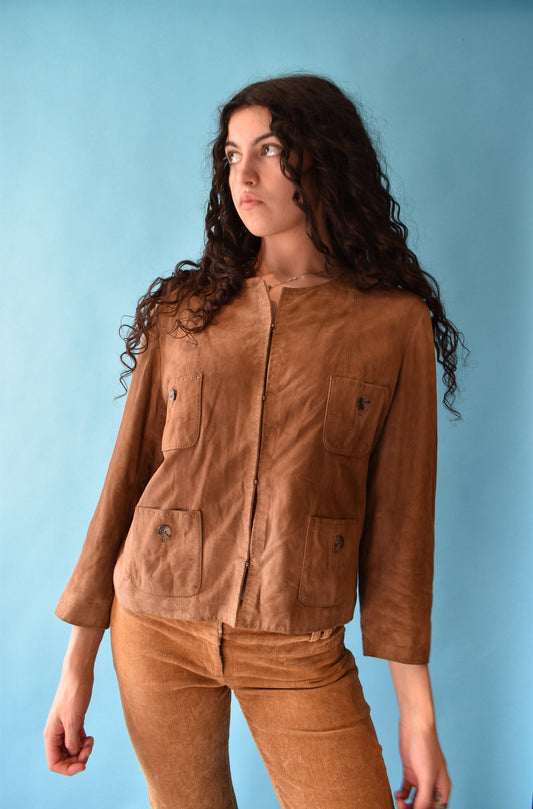 Vintage 1990s Size M Suede Boxy Jacket in Tan.