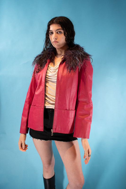 Vintage Rework Size S/M Leather Jacket with Mongolian Fur in Hot Pink.