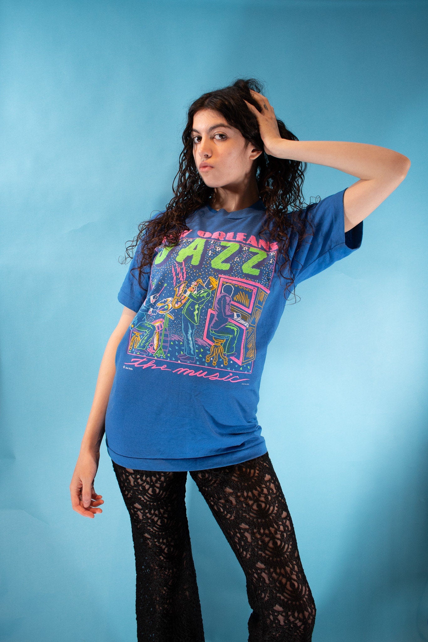 Vintage Graphic Printed New Orleans Jazz T-Shirt in Blue.