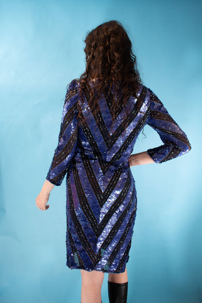 Vintage 1980s Size S/M Full Sequin Embellished Chevron Dress in Black & Purple.