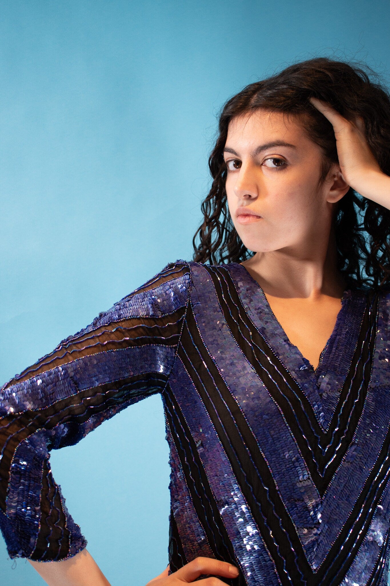 Vintage 1980s Size S/M Full Sequin Embellished Chevron Dress in Black & Purple.