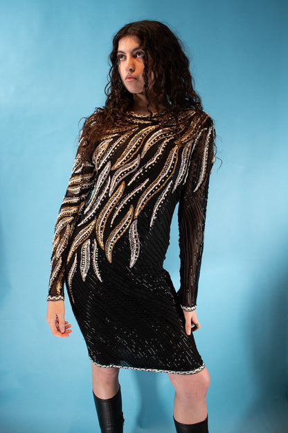 Vintage 1980s Size S Sequin & Beaded Embellished Flame Dress in Black.