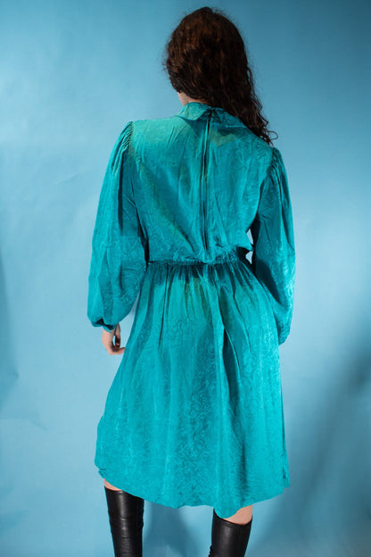 Vintage 1980s Size M/L Silk Ruffle Collared Midi Dress in Turquoise.
