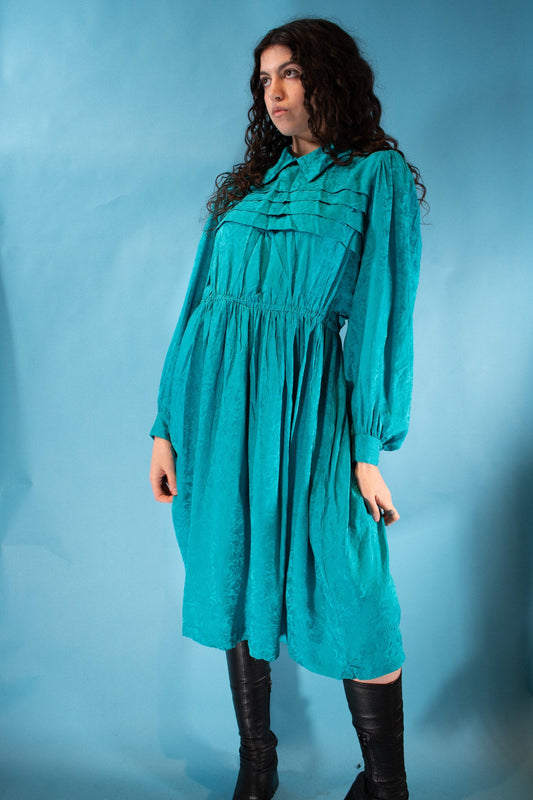 Vintage 1980s Size M/L Silk Ruffle Collared Midi Dress in Turquoise.