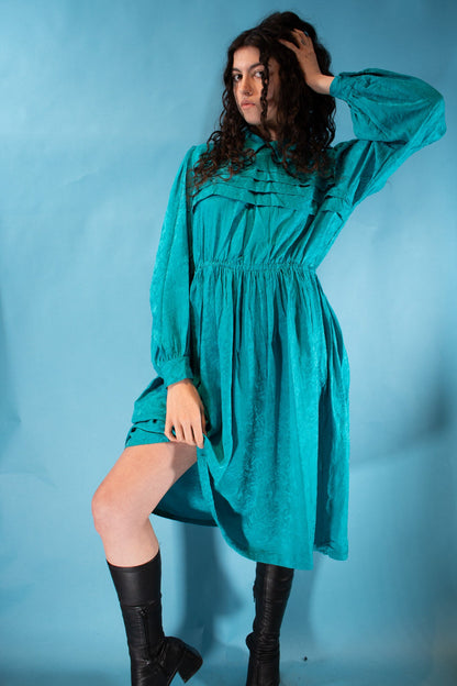 Vintage 1980s Size M/L Silk Ruffle Collared Midi Dress in Turquoise.