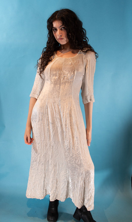 Vintage 1990s Size M Velour Scoop Neck Maxi Dress in White.