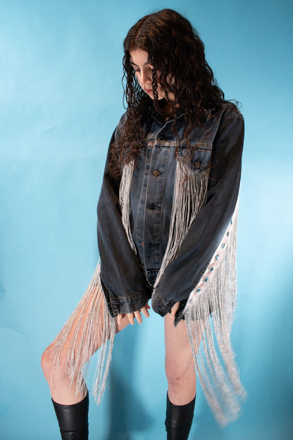 Vintage Reworked Levis Denim Dark Wash Jacket with Tassels.