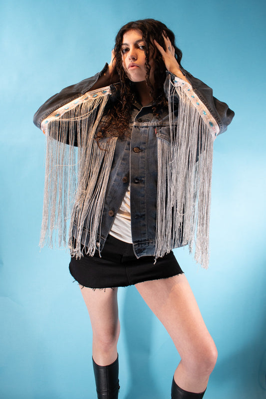 Vintage Reworked Levis Denim Dark Wash Jacket with Tassels.
