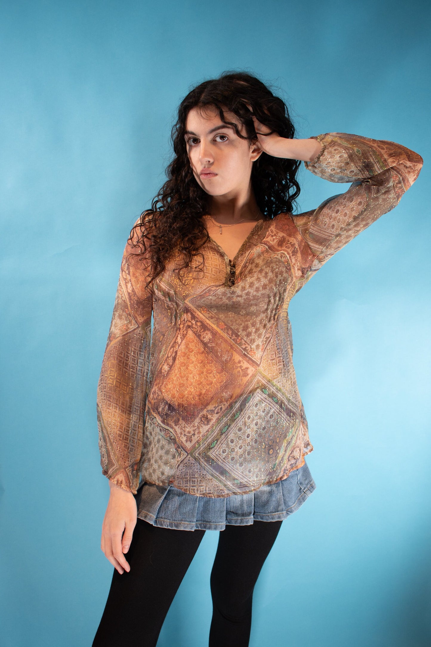 Vintage 1990s Size S/M Sheer Printed Boho Blouse in Brown and Metallic.