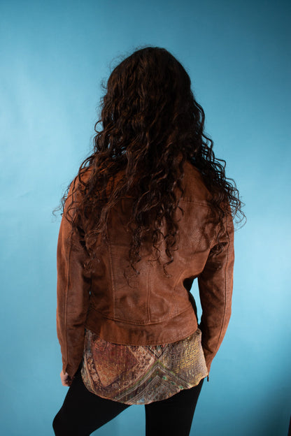 Vintage Y2K Size S Leather Suede Biker Jacket in Brown.