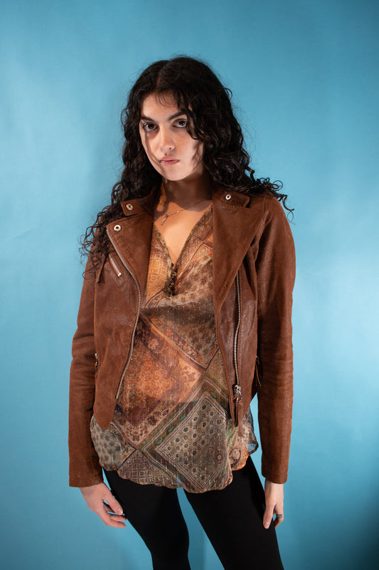 Vintage Y2K Size S Leather Suede Biker Jacket in Brown.