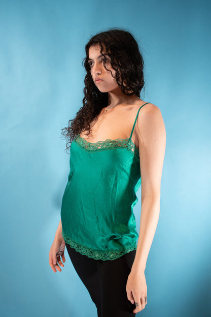 Vintage Y2K Size S Lace Trim Satin Cami in Green.