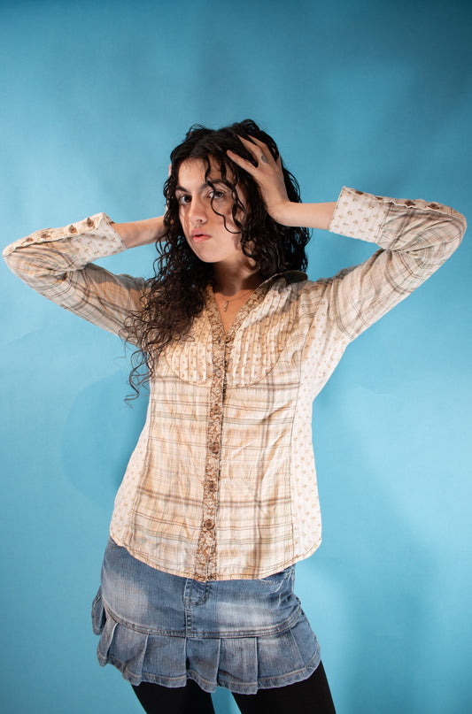 Vintage Y2K Size S 1990s Check and Floral Collared Shirt in Cream.