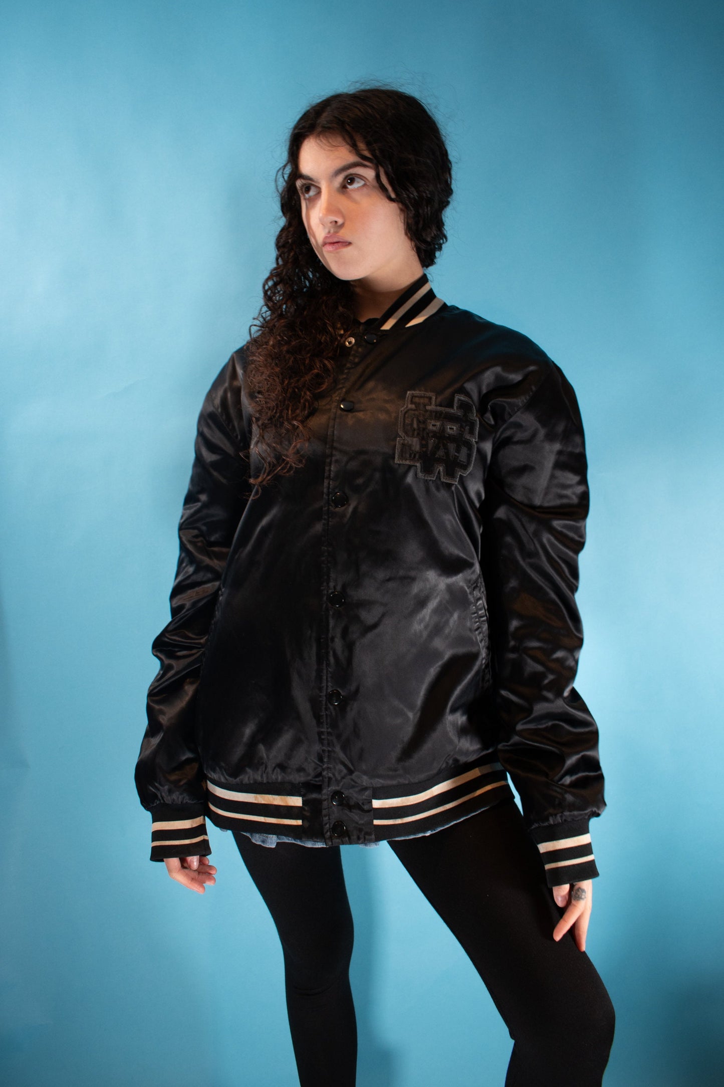 Vintage 1990s Size XL Nike SW Satin Bomber Jacket in Black.