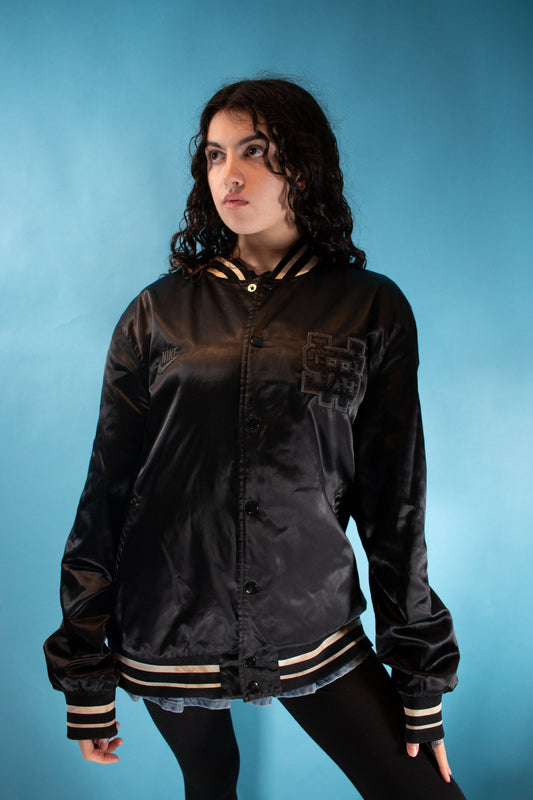 Vintage 1990s Size XL Nike SW Satin Bomber Jacket in Black.