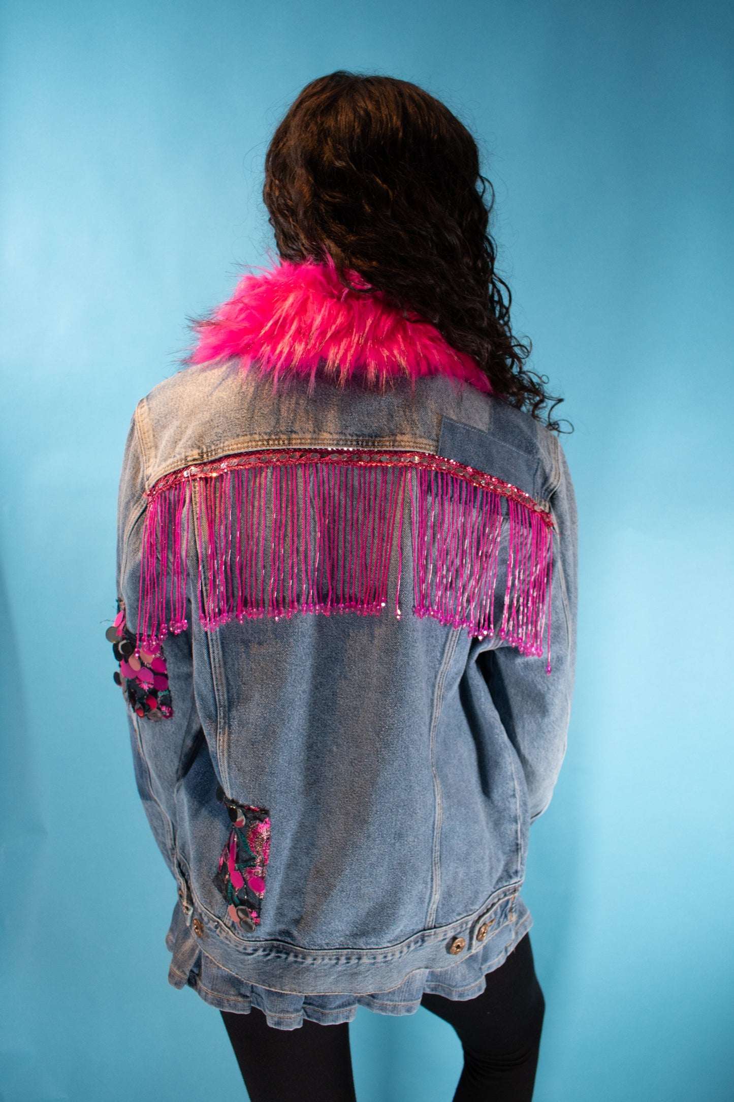 Vintage Reworked One of a Kind Denim Jacket with Pink Fur and Tassels.