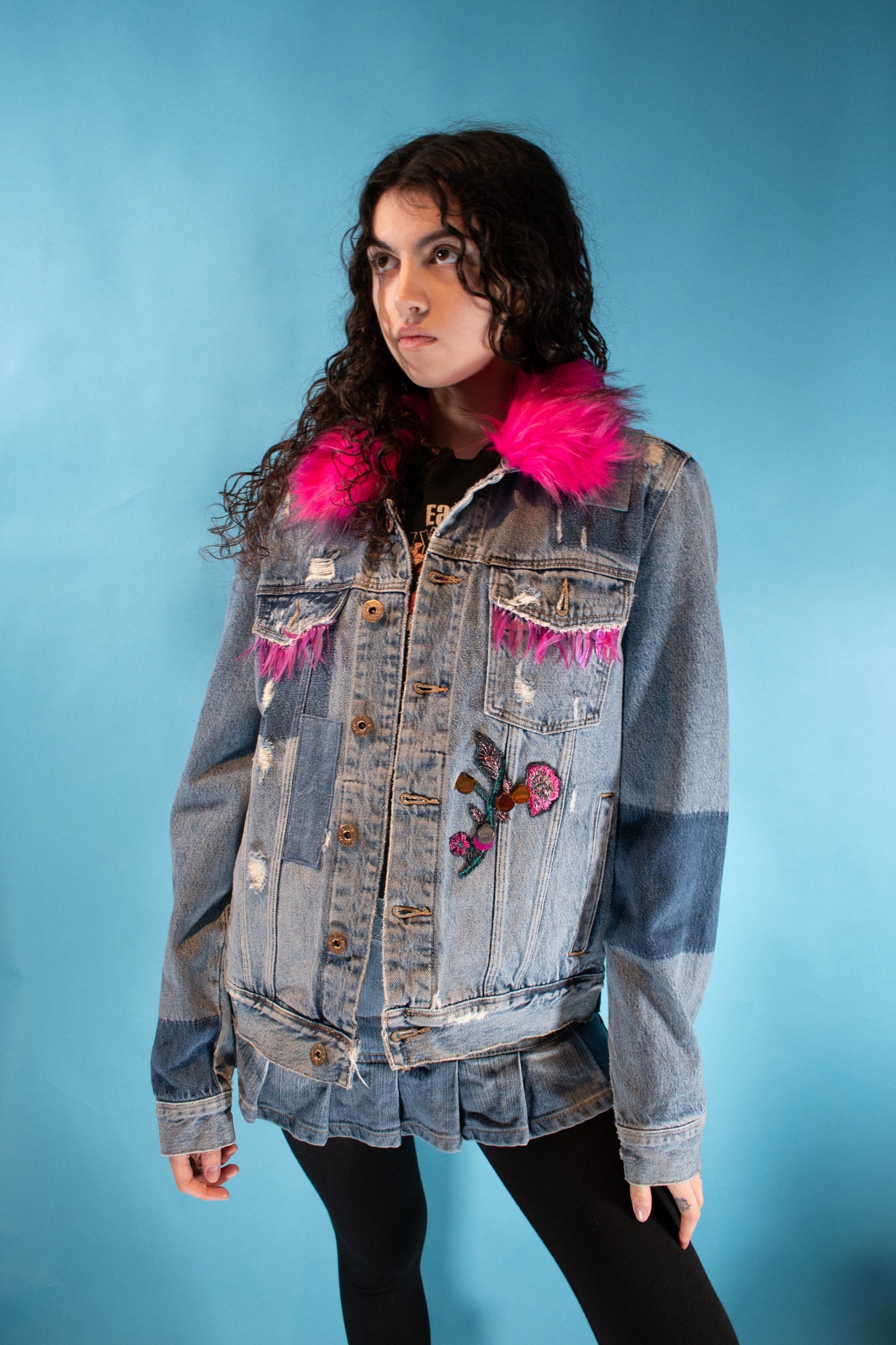 Vintage Reworked One of a Kind Denim Jacket with Pink Fur and Tassels.