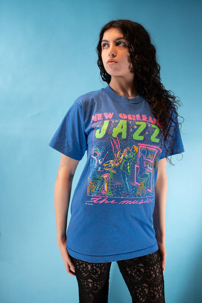 Vintage Graphic Printed New Orleans Jazz T-Shirt in Blue.