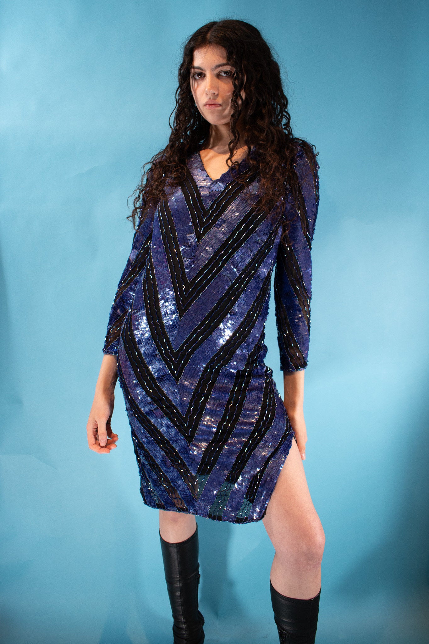 Vintage 1980s Size S/M Full Sequin Embellished Chevron Dress in Black & Purple.