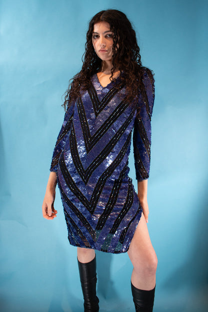 Vintage 1980s Size S/M Full Sequin Embellished Chevron Dress in Black & Purple.