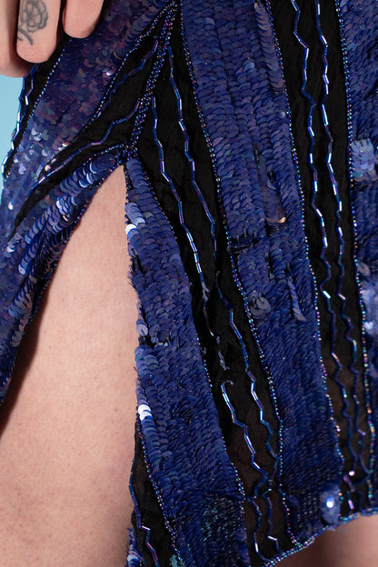 Vintage 1980s Size S/M Full Sequin Embellished Chevron Dress in Black & Purple.