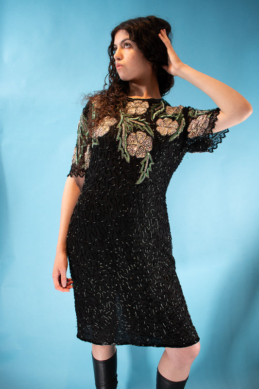 Vintage 1980s Size M Sequin Floral Embellished Dress in Black.