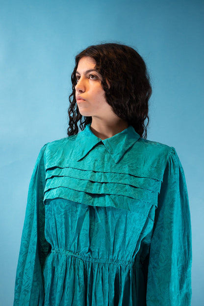 Vintage 1980s Size M/L Silk Ruffle Collared Midi Dress in Turquoise.