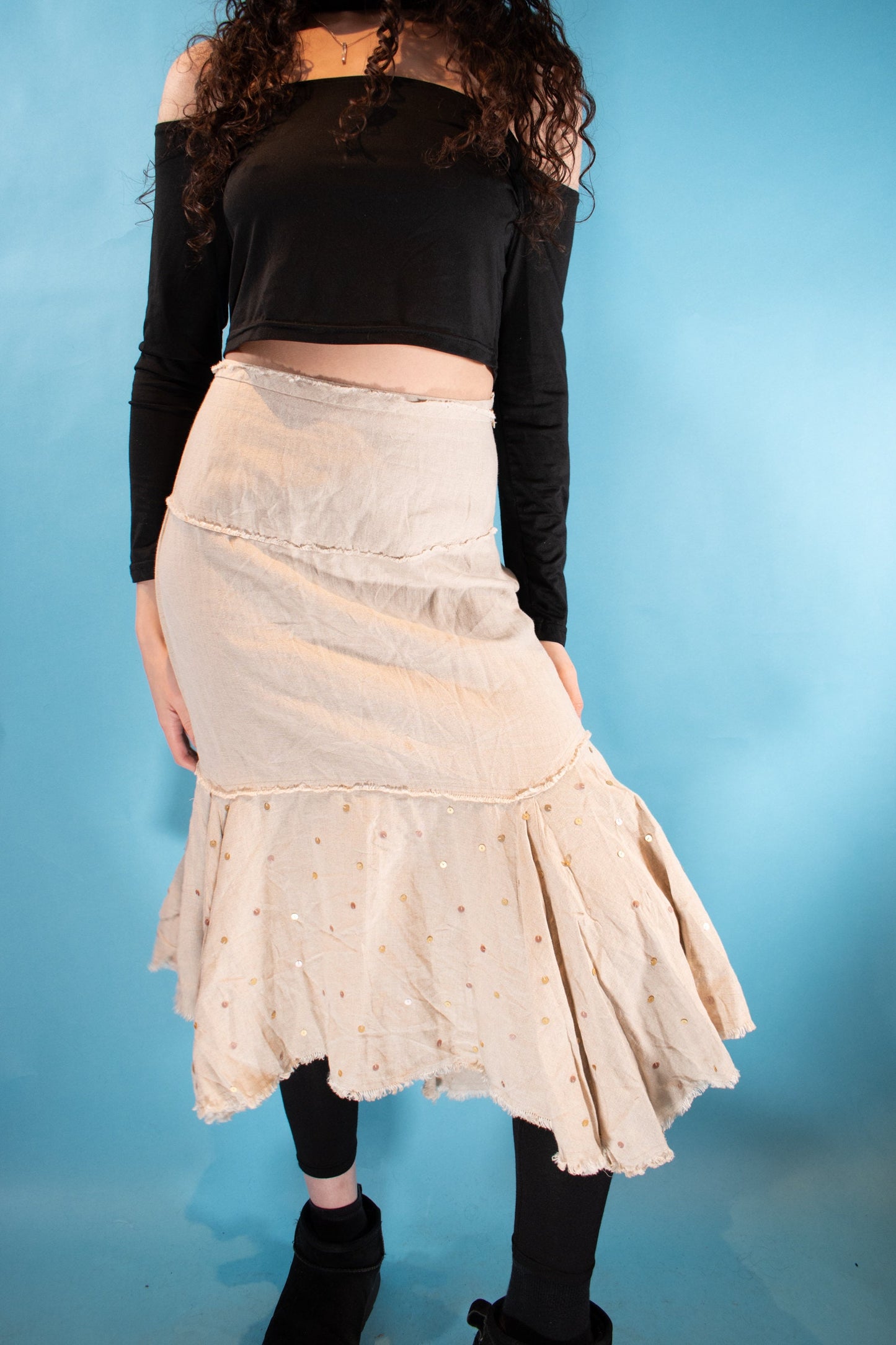 Vintage Y2K Size S Linen Blend Waterfall Midi Skirt in Beige.