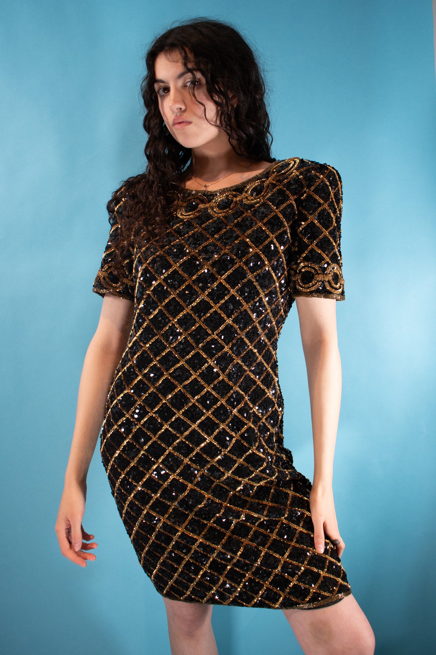 Vintage 1980s Size M Full Sequin Silk Dress in Black & Gold Diamond.