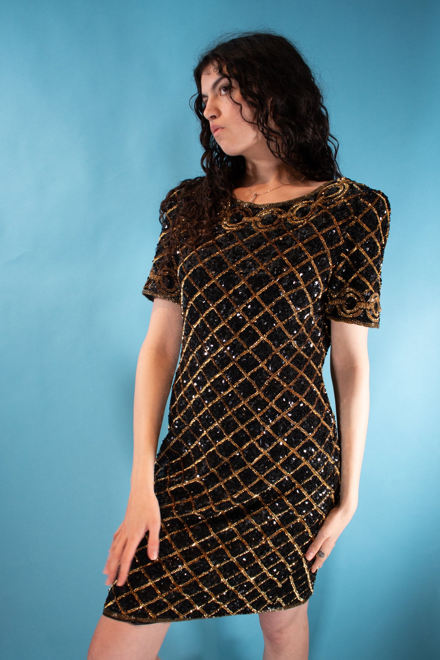 Vintage 1980s Size M Full Sequin Silk Dress in Black & Gold Diamond.