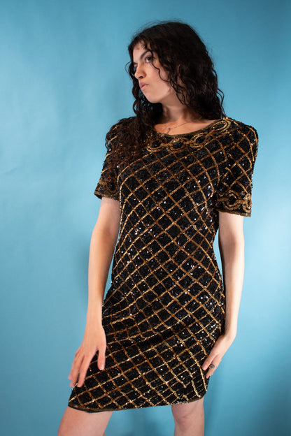 Vintage 1980s Size M Full Sequin Silk Dress in Black & Gold Diamond.