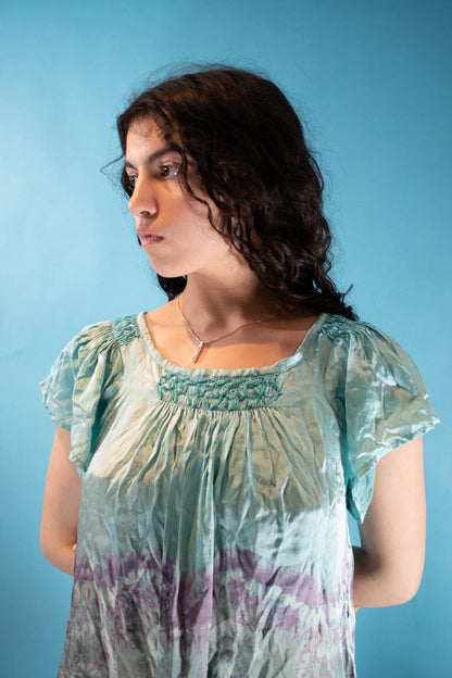 Vintage Y2K Size S/M Satin Baby Doll Mini Dress in Blue & Purple.