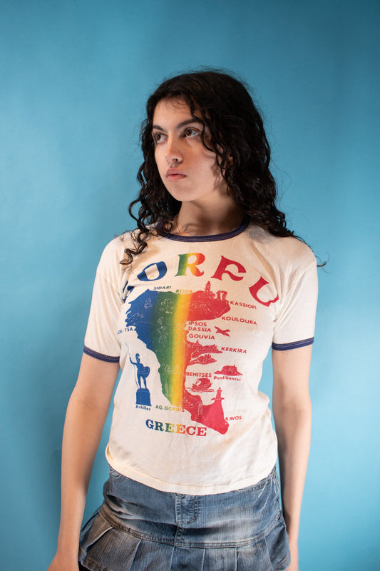 Vintage Y2K Size S Corfu Graphic T-Shirt in White with Blue Trim.