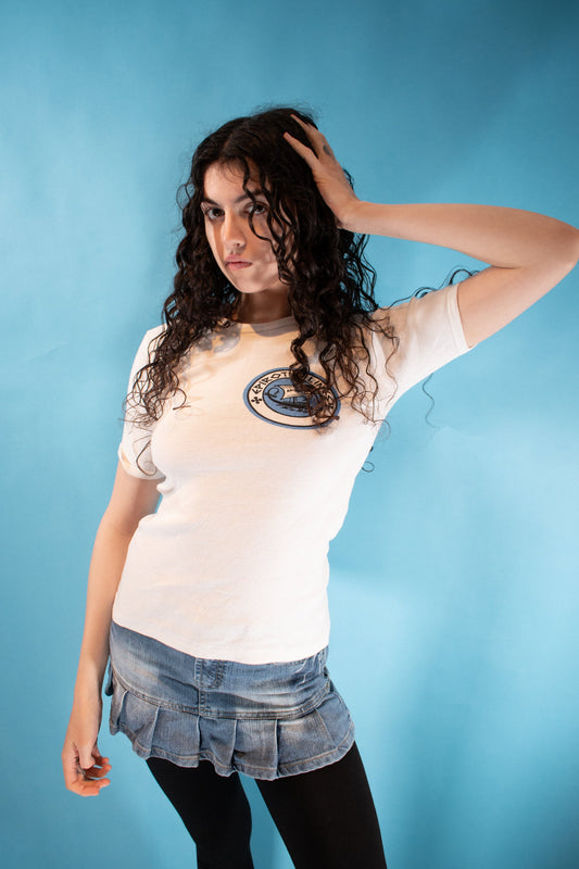 Vintage Y2K Size S Epirotiki Lines Graphic T-Shirt in White.