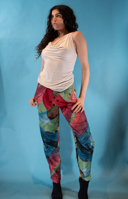 Vintage 1980s Size S Abstracted Printed Silk Trousers.