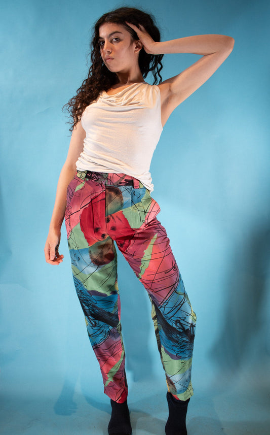 Vintage 1980s Size S Abstracted Printed Silk Trousers.