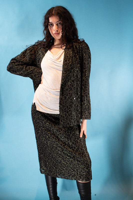 Vintage 1980s Size S 2 Piece Blazer Suit in Gold Lace and Black.