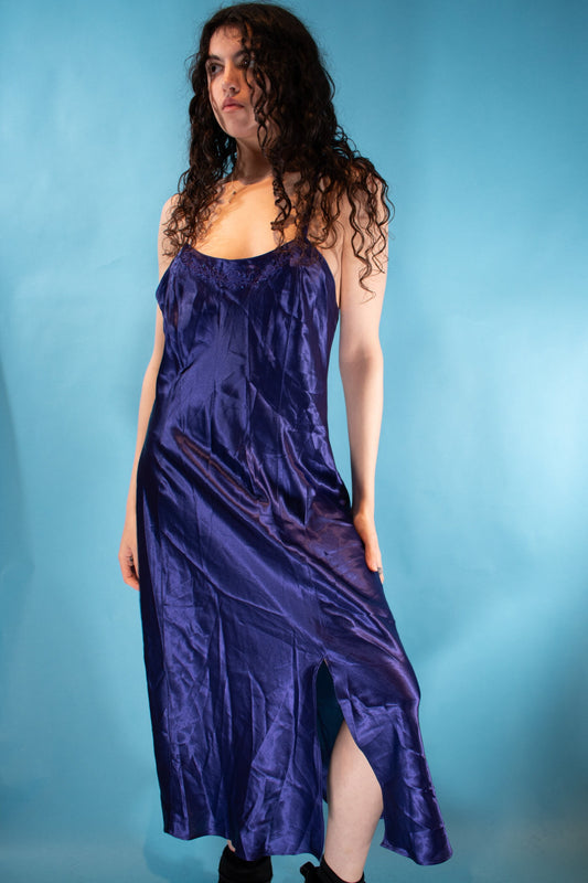 Vintage Y2K Size M Satin Slip Cross Back Maxi Dress in Purple.