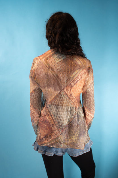 Vintage 1990s Size S/M Sheer Printed Boho Blouse in Brown and Metallic.