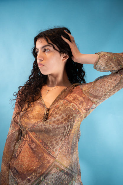 Vintage 1990s Size S/M Sheer Printed Boho Blouse in Brown and Metallic.