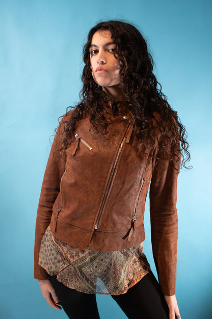 Vintage Y2K Size S Leather Suede Biker Jacket in Brown.