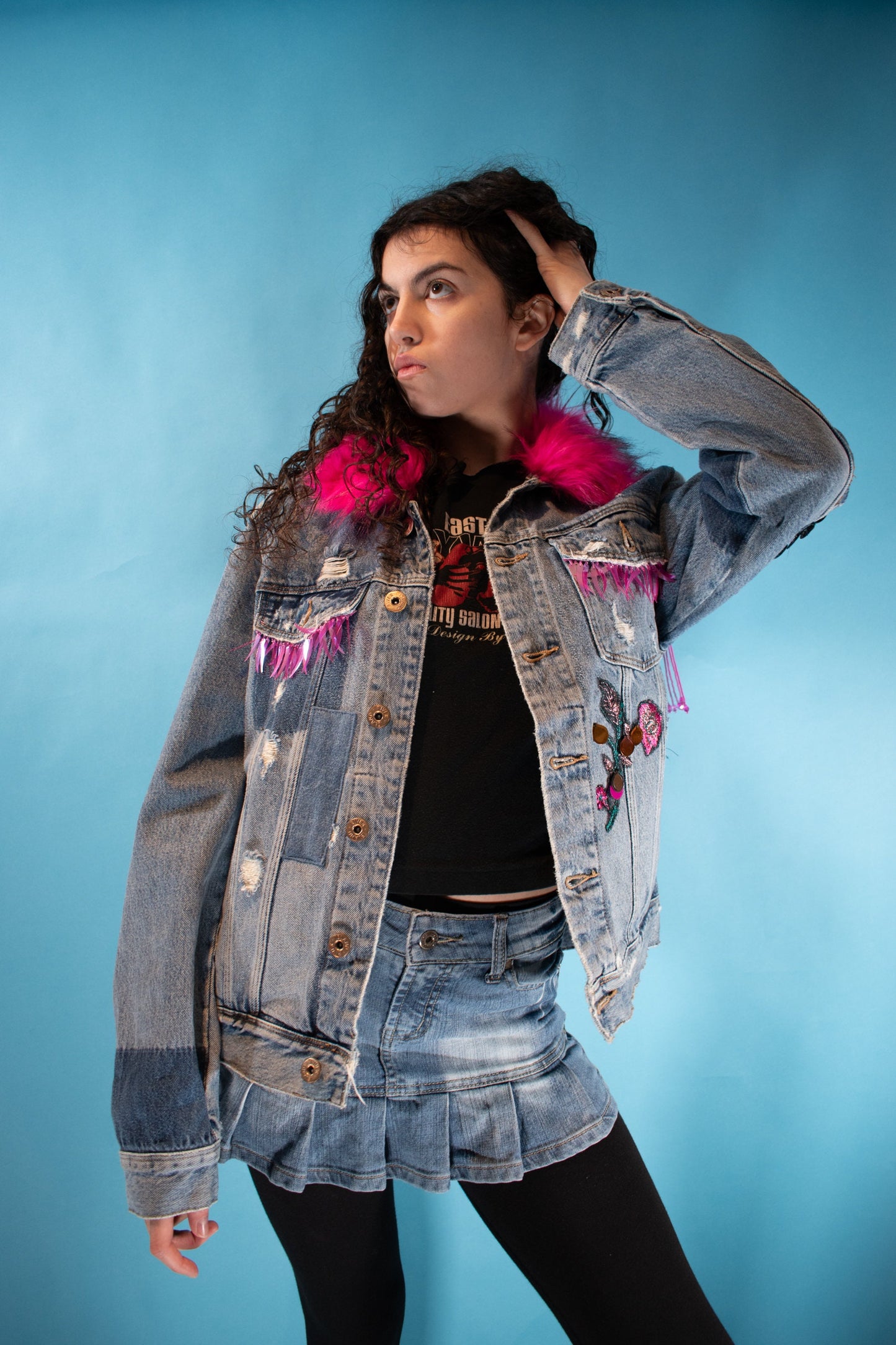 Vintage Reworked One of a Kind Denim Jacket with Pink Fur and Tassels.