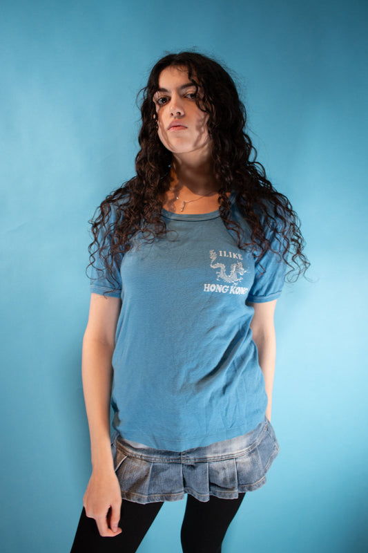 Vintage 1990s Size S I Like Hong Kong T-Shirt in Blue.