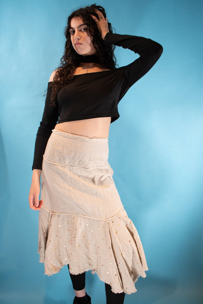 Vintage Y2K Size S Linen Blend Waterfall Midi Skirt in Beige.